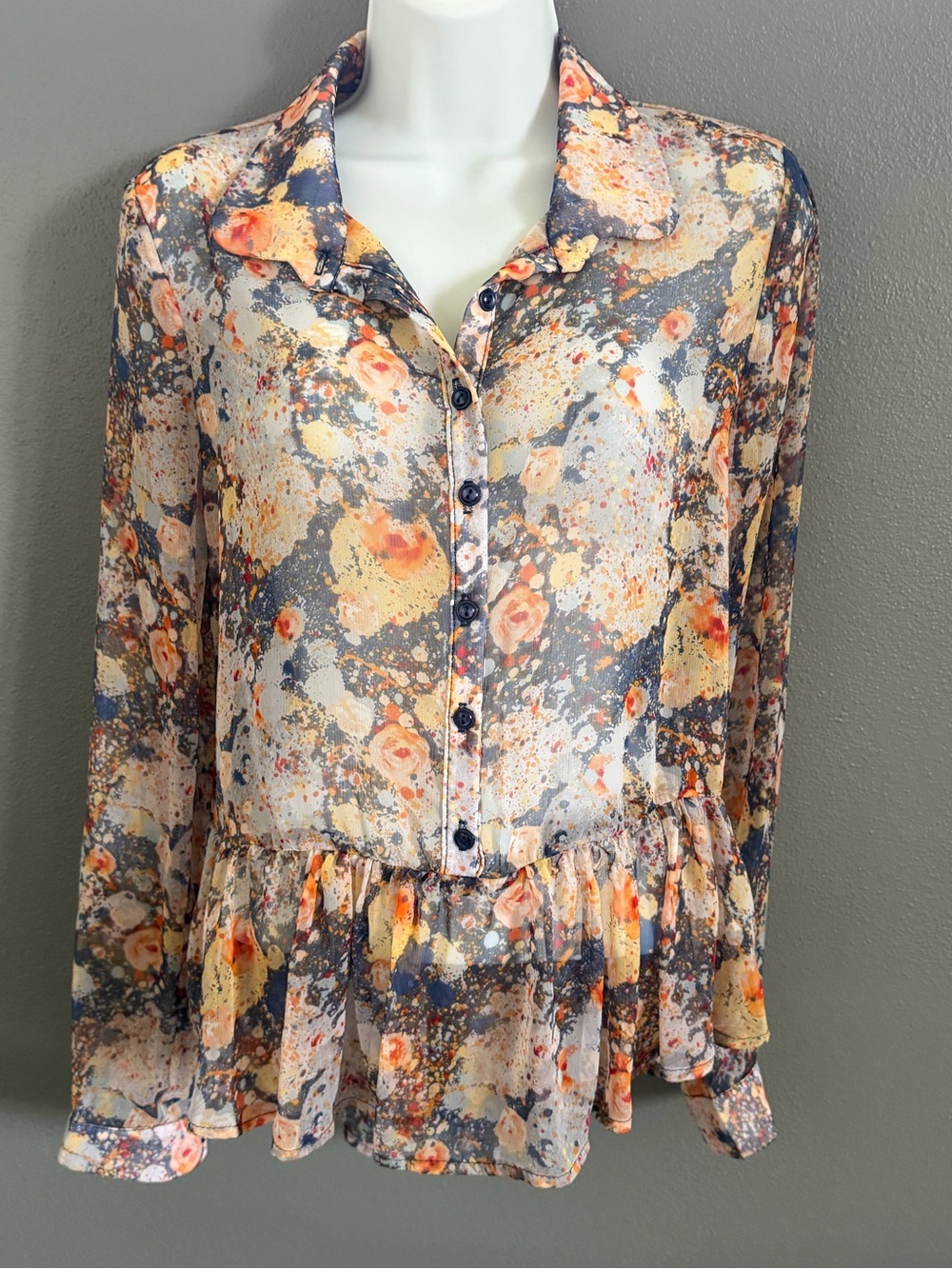 Lily White Sheer Floral Peplum Blouse - Gray, Peach, Yellow